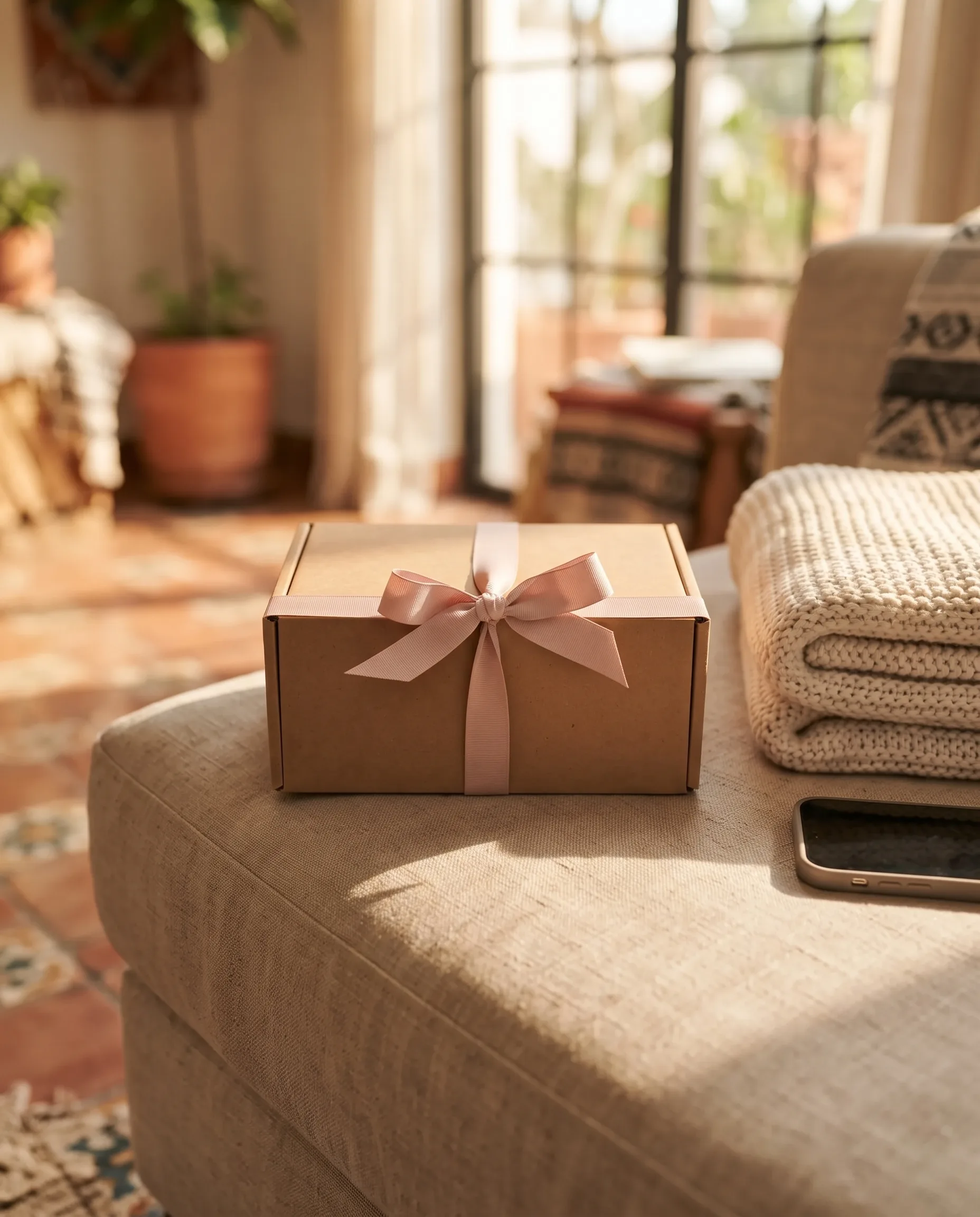 La caja Comadre, cerrada, esperando en el sillón de casa.