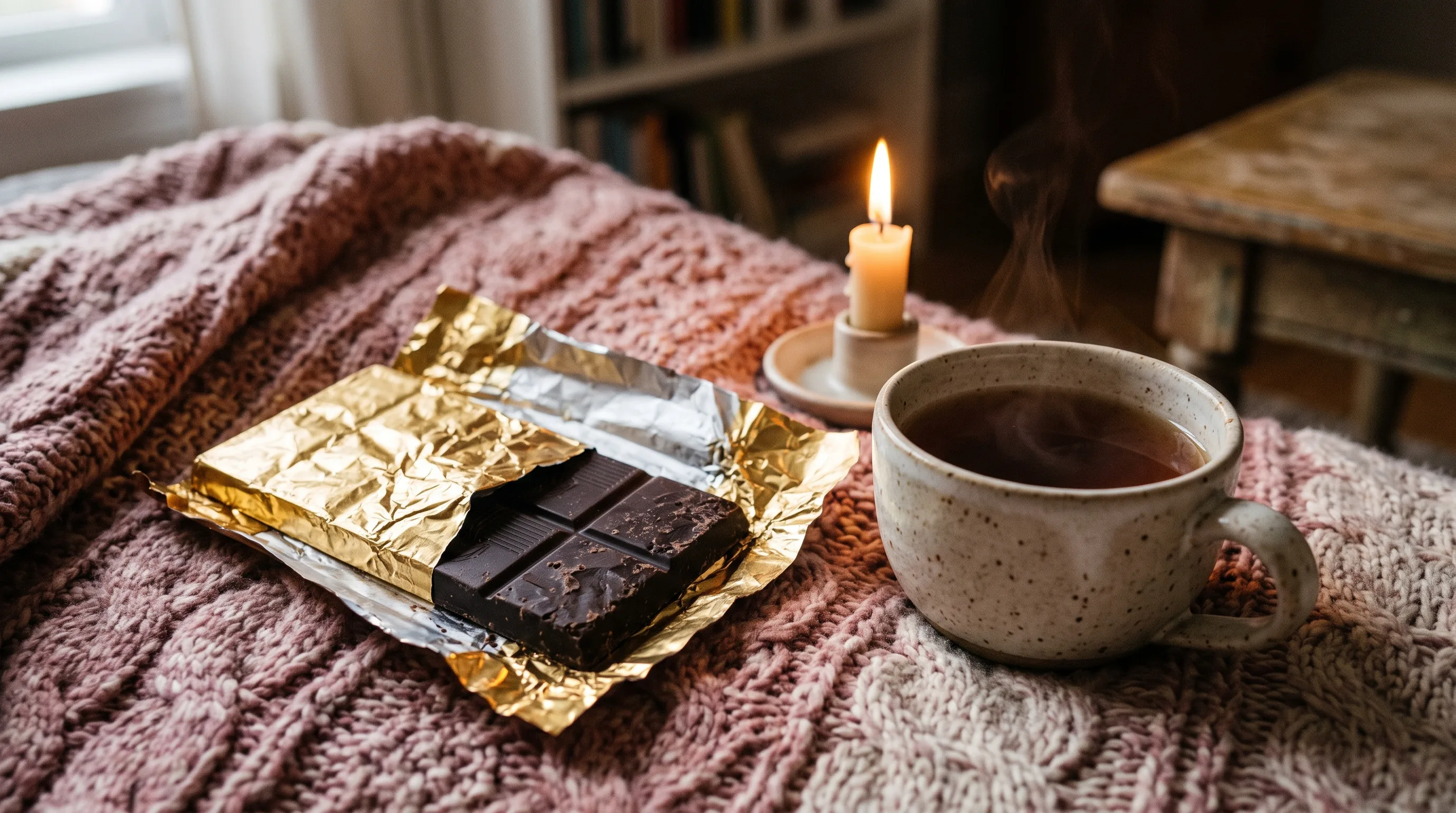 Chocolate, un té caliente y una vela, sobre una cobija tejida en una tarde en casa.